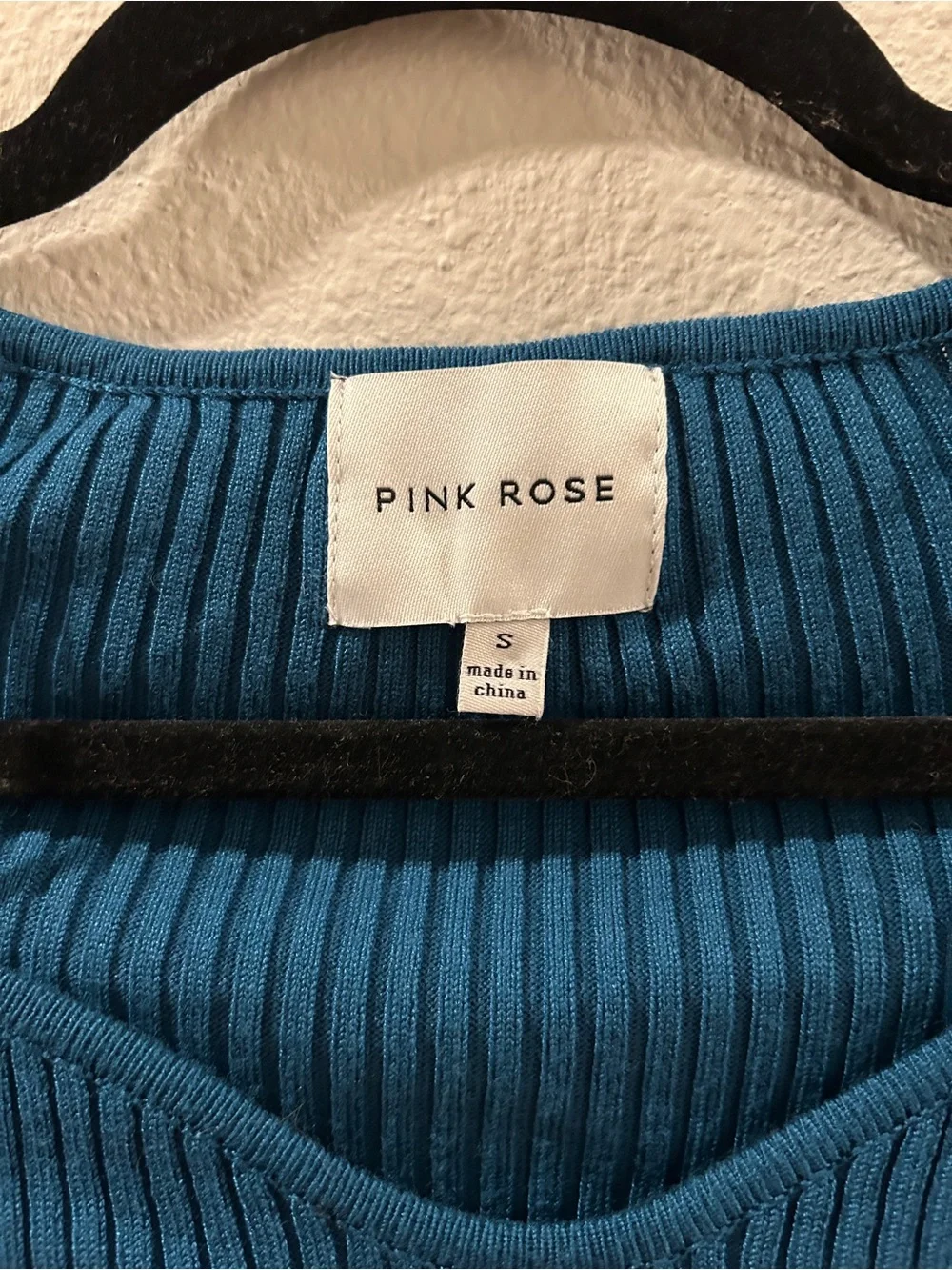 Pink Rose Teal Ribbed Square-Neck Long Sleeve Top
